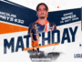Promotional poster for a Ligue 2 match featuring a footballer in orange-blue kit, large 'MATCHDAY' text, and team crests on the right.