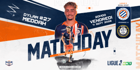 Promotional poster for a Ligue 2 football match featuring Dylam Meddah (#27) for Montpellier.