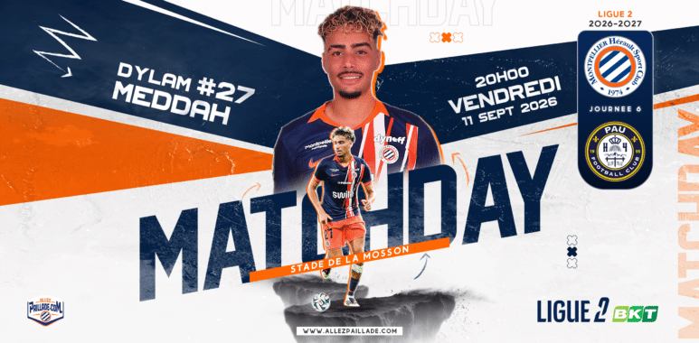 Promotional poster for a Ligue 2 football match featuring Dylam Meddah (#27) for Montpellier.