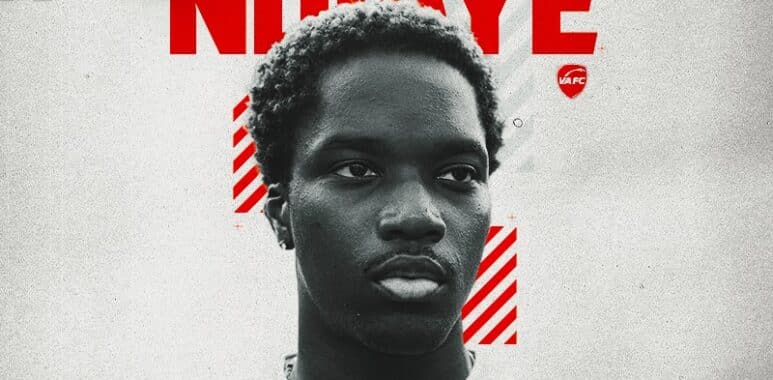 Grayscale head-and-shoulders portrait on a promotional poster with bold red text and diagonal red stripes in the background.