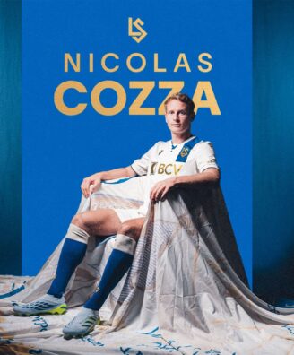 Poster featuring Nicolas Cozza in a white soccer kit on a blue background, with his name in gold lettering above him