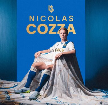 Poster featuring Nicolas Cozza in a white soccer kit on a blue background, with his name in gold lettering above him