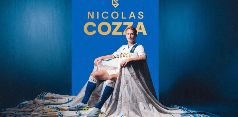 Poster featuring Nicolas Cozza in a white soccer kit on a blue background, with his name in gold lettering above him