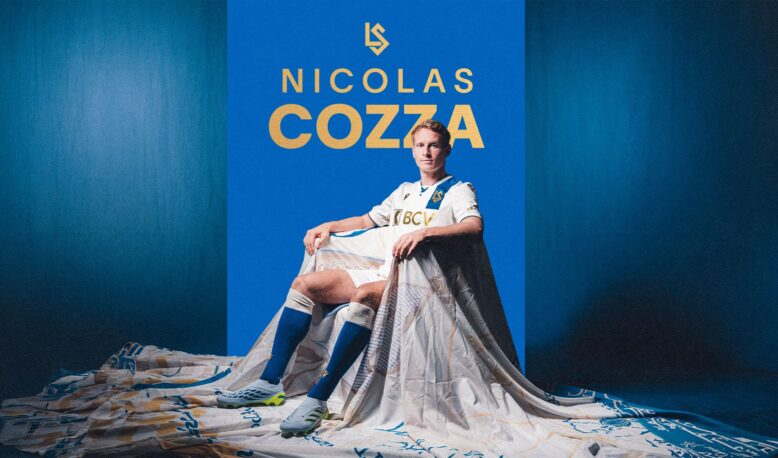 Poster featuring Nicolas Cozza in a white soccer kit on a blue background, with his name in gold lettering above him