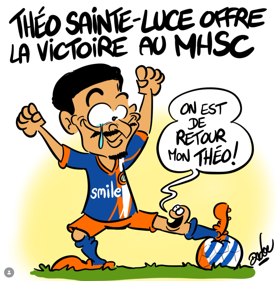 Cartoon soccer player celebrating with fists up, tears streaming, speech bubble reading "On est de retour mon Th&eacute;o!" and a bold caption about victory above.